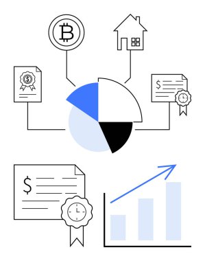 Bitcoin, ev ve satırlarla bağlantılı sertifikalarla dolu bir pasta grafiği. Yukarı doğru ok ve sertifikalı çubuk grafik. Finans, yatırım, kripto para birimi, büyüme eğilimleri için ideal. Bir