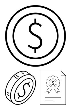 Dolar para taslağı, açılı bozuk para perspektifi, mühürlü sertifika kağıdı. Finans, bankacılık, yatırımlar, para birimi, iş hedefleri, ekonomik başarı soyut çizgi düz metafor için idealdir