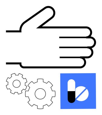 Vites ve hap ikonlarının yanına el çizimi. Sağlık, tıp endüstrisi, ilaç işlemleri, takım çalışması, mekanizma anlayışı, ilaç imalatı, hasta bakımı için idealdir. Satır metaforu