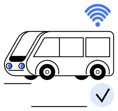 Kablosuz simge ve kontrol listesine sahip modern otobüs bağlantıyı ve verimli operasyonu simgeliyor. Akıllı şehir çözümleri, toplu taşıma, yenilik, teknoloji, kentsel hareketlilik, otomasyon için ideal