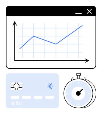 Web penceresinde yukarı doğru yükselen çizgi grafiği, temassız özellikli kredi kartı, verimlilik için kronometre. Finans, e-ticaret, veri analizi, zaman yönetimi, ödemeler, büyüme soyut çizgisi için ideal