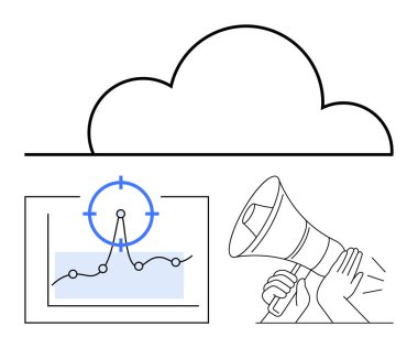 Bulut tepesi, hedef odaklı veri grafiği ve iletişim için megafon dijital pazarlama, veri analizleri, çevrimiçi hizmetler, bulut depolama, reklamcılık, ağ oluşturma, soyut çizgi
