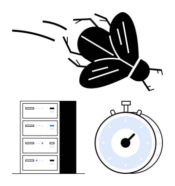 Veri sunucuları ve kronometre üzerinde uçan böcek hata ayıklamayı, sorun çıkarmayı ve verimliliği temsil ediyor. Teknoloji sorunları, yazılım düzeltmeleri, sistem bakımı, iş akışı, bilişim optimizasyon süresi için ideal