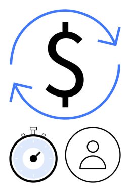 Dairesel okların içindeki dolar sembolü kronometre ve insan simgesi. İş, finans, zaman yönetimi, kullanıcı deneyimi, süreç optimizasyonu, üretkenlik ve sürekli gelişme için idealdir. Çizgi