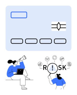 Blue credit card, person with laptop and telescope, magnifying glass on Risk with related icons. Ideal for finance, risk management, data analysis, business strategy, technology, decision-making clipart