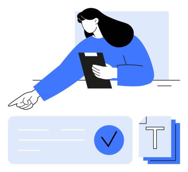 Elinde dosya tutan, belgelere işaret eden bir kadın ve işaretli bir kontrol listesi. İş sunumları, proje yönetimi, görev organizasyonu, üretkenlik atölyeleri ve takım için ideal