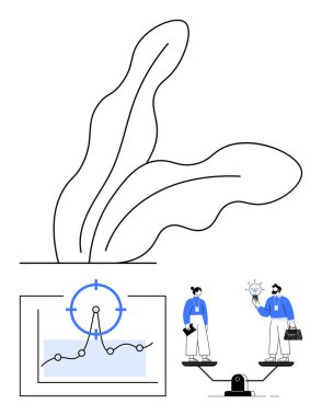 Soyut yaprak tasarımı, büyüme verileriyle çizelge, fikirleri ve tartışmaları dengeleyen iki profesyonel. İş anlayışı, takım çalışması, analiz, strateji, işbirliği, soyut çizgiyi dengelemek için ideal