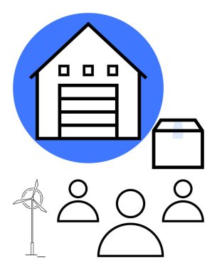 Bir nakliye kutusu, rüzgar türbini ve lojistik, takım işbirliği, yenilenebilir enerji, ambalaj, iş stratejisi, küresel tedarik zincirleri, soyut düz çizgi vurgulanan bir grup özeti olan depo.