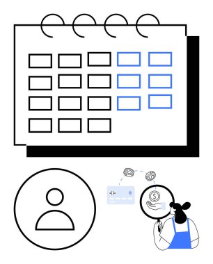 Kullanıcı profili simgesi, kredi kartı, bozuk para ve büyüteçle para analiz eden bir kadın. Zamanlama, finans yönetimi, kişisel organizasyon, kullanıcı profili kurulumu için ideal