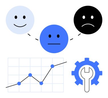 Duyguları temsil eden mutlu yüzler, veri eğilimlerini gösteren performans grafiği ve çözümleri sembolize eden ingiliz anahtarı teçhizatı. Geri bildirim, analitik, ilerleme, performans, müşteri hizmetleri, duygular için ideal