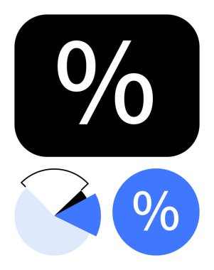 Siyah bir dikdörtgenin içindeki yüzde sembolü, çeşitli kesitli pasta grafiği ve yüzde sembollü mavi daire. Veri analizi, mali raporlar, iş ölçümleri, istatistikler için ideal
