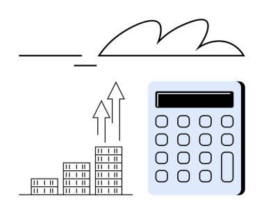 Parasal büyümeyi temsil eden yukarı doğru okların olduğu bir çizelgenin yanında hesap makinesi var. Bulut dijital ya da hava durumu elementi ekler. Finans, muhasebe, iş stratejileri, yatırımlar ve veriler için ideal