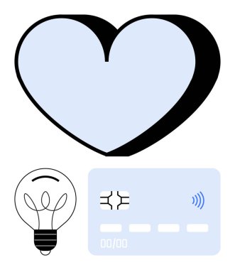 Blue heart for care, lightbulb for ideas, card for technology. Ideal for innovation, creativity, financial services, e-commerce, connection, tech solutions abstract line flat metaphor clipart