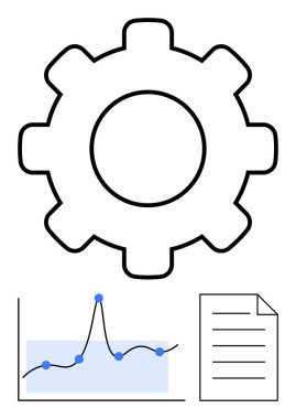 Gear line graph with data points document symbolizes tech development analytics, strategy. Ideal for business, efficiency, innovation, planning, management, productivity. Line metaphor