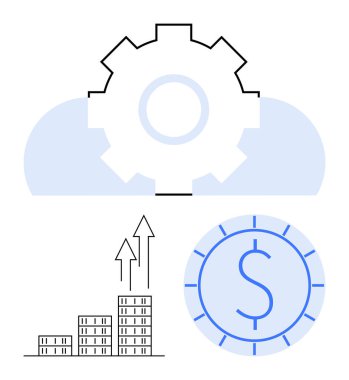 Gear over cloud for tech innovation, bar chart with growth arrows for progress, coin for economics. Ideal for tech trends, fintech, data analytics, innovation, investments, collaboration abstract clipart