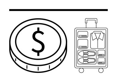 Ayakkabı ve giysi dolu bavulun yanında dolar işareti olan büyük bir para. Seyahat giderleri, bütçe, hazırlık, tasarruf, mali yönetim, tatiller, soyut düz çizgi için ideal