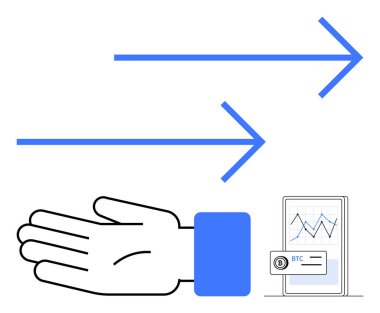 Yukarı doğru uzanan mavi oklar, uzatılmış bir el ve BTC grafiğini gösteren dijital bir cihaz. Finans, büyüme, yatırım, teknoloji, kripto para birimi dijital ödemeleri ekonomik trendler için idealdir. Çizgi
