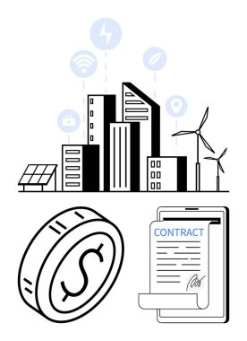 Yenilenebilir enerji kaynakları, güneş panelleri ve rüzgar türbinlerinin yanı sıra tablet ve madeni para sembolü üzerinde dijital bir sözleşmeye sahip binalar. Teknoloji, finans, sürdürülebilirlik, enerji, kentsel planlama için ideal