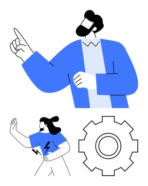 Erkek, kendinden emin bir şekilde yukarı doğru işaret ediyor. Kadın, jestli, büyük teçhizatlı. Liderlik için ideal, takım çalışması, yenilik, motivasyon, problem çözme, yaratıcılık soyut çizgi düz metafor