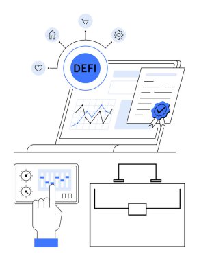 DeFi, bağlı simgeler, sertifikalı belgeler, kontrol paneli arayüzü ve portföyü gösteren dizüstü bilgisayar. Finans, engelleme zinciri, teknoloji, yatırım yeniliği için ideal finansman kriptosu