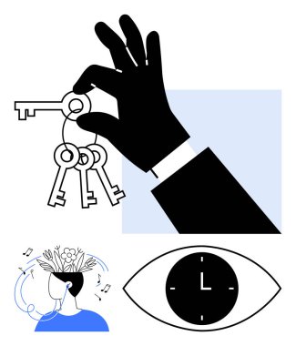 Anahtarlı siyah siluet el, saat gibi göz, çiçekli ve notalı sanatçı kafası. Zaman yönetimi için ideal, fikirleri açmak, farkındalık, yaratıcılık, soyut düşünme, odaklanma