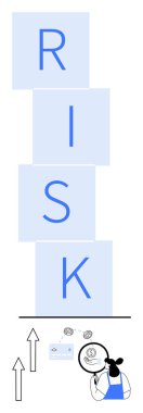 Laboratuvar önlüklü, gözlüklü ve yukarı bakan oklarla RISK 'i heceleyen mavi bloklar yığılmış. Temalar için ideal Analiz, dikkat, strateji, dikkat, ticaret, finans