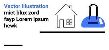 Üzerinde etiket olan mavi bir el çantasının yanında ev taslağı ve yanında da yer tutucu metni var. Gayrimenkul, moda, minimalizm, modern tasarım, markalaşma, promosyon içeriği web sitesi unsurları için ideal. İniş
