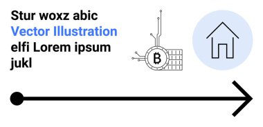 Siyah ok sağa, Bitcoin sembolü devrede, ev ikonu mavi dairede, metin elemanları siyah ve mavi. Finans, teknoloji, dijital pazarlama, gayrimenkul, navigasyon için ideal