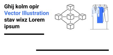 Geometrik ağ desenine bağlı küpler, metin sahipleri Ghij kolm opir ve Lorem ipsum, bir askıda mavi ve gri elbiseler. Veri organizasyonu, ağ, soyut kavramlar ve teknoloji için ideal