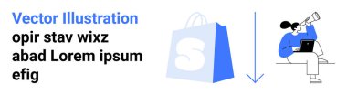 Dizüstü bilgisayar ve teleskop kullanan birinin yanında S harfi olan mavi bir alışveriş çantası. Çevrimiçi alışveriş, perakende satış, e-ticaret, teknoloji ve dijital piyasa için ideal. İniş sayfası