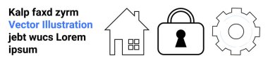 Ev simgesi, asma kilit güvenliği simgeliyor, teçhizat otomasyon ve ayarları temsil ediyor. Akıllı ev koruması, internet güvenliği, teknik bakım, emlak güvenliği, dijital erişim, sistem için ideal