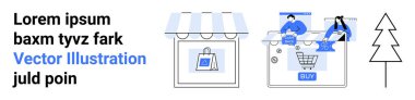 E-ticaret teması dijital mağaza önü, online alışveriş arabası, alışveriş yapan insanlar ve bir ağaç. Çevrimiçi alışveriş, dijital işlemler, perakende sektörü, e-ticaret pazarlaması, web sitesi için ideal