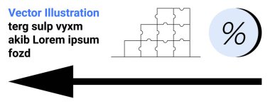 Sağı gösteren büyük siyah ok, bulmaca parçalarını istiflemiş ve açık mavi daireli bir yüzdelik sembol. Eğitim, iş stratejisi, mali planlama, pazarlama, sunumlar için ideal