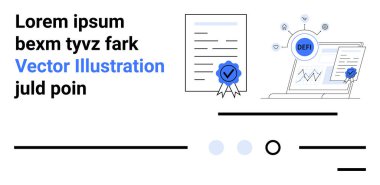 Doğrulama rozeti olan bir belge, DEF simgesiyle birlikte satır grafiği, örnek metin elemanları. Fintech, dijital doğrulama, engelleme zinciri, çevrimiçi belgeler, finansal analiz, siber güvenlik için ideal