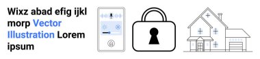 Akıllı ev teknolojisi unsurları ve kontrol paneli, kilit simgesi ve ev koruma teması. Teknoloji için ideal, güvenlik, akıllı yaşam, ev otomasyonu, internet, konut