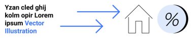 Mavi oklar evi ve yüzde ikonunu gösteriyor. Etrafı lorem ipsum metinleriyle çevrili. Pazarlama, emlak, iş analizleri, e-ticaret, bilgi grafikleri, eğitim materyalleri ve iniş için ideal