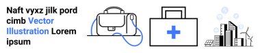 Bir el çantası, haçlı bir ilk yardım çantası ve yüksek binalar, güneş panelleri ve rüzgar türbinleriyle dolu modern bir şehir manzarası. Sağlık, kentsel kalkınma, sürdürülebilirlik, seyahat, tıbbi