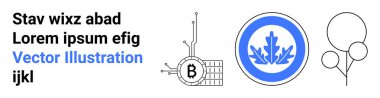 Yer tutucu metin ile yüzen metin bloğu, devre çizgileri ile kripto para sembolü, mavi yaprak daire, basit ağaç. Finans, doğa, teknoloji, afişler, bilgi grafikleri ve uygulamalar için ideal