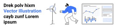 Man jogging, wind turbine, financial charts, bar and line graphs, statistics, analytics. Ideal for renewable energy, fitness, financial analysis, data visualization, environment, sustainable living