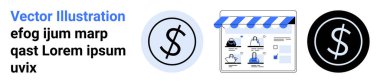 Dollar sign icons and e-commerce website layout with a blue and white storefront banner. Ideal for online shopping, digital transactions, financial apps, web design, marketing, business strategy clipart