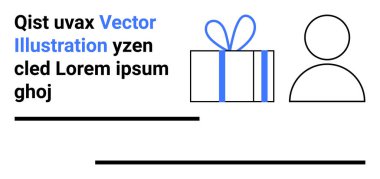 Mavi kurdeleli hediye kutusu soyut bir şahıs figürü ve yer tutucu metnin yanında. Pazarlama, kutlamalar, sunumlar, kişisel markalaşma, dijital medya, iletişim ve şirket için ideal