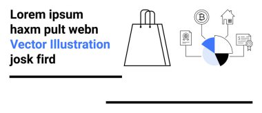 Alışveriş torbası, pasta grafiği ve kripto para da dahil olmak üzere çeşitli finans simgeleri. E-ticaret, finans, çevrimiçi alışveriş, modern iş, veri analizi dijital para birimi piyasası araştırması için idealdir. İniş