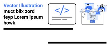 Kodlama sembolleri gösteren tablet, alışveriş arabası arayüzü ile etkileşime geçen iki kişi, metin tutucular. E-ticaret geliştirme, web tasarımı, kodlama dersleri, çevrimiçi alışveriş, yazılım için ideal