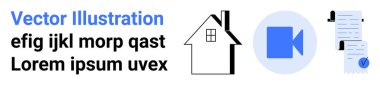 Siyah ev çizgisi, mavi video simgesi ve mavi işaretli belge. Gayrimenkul, medya, eğitim, hukuk, belgeler, ev hizmetleri, uzaktan çalışma için idealdir. İniş sayfası