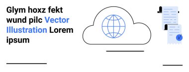 Küresel bir ikona sahip merkezi bulut, yanında belgeler, ve modern bir tasarımda metin elemanları. Teknoloji, bulut depolama, çevrimiçi belgeler, veri yönetimi, web hizmetleri, dijital sözleşmeler için ideal