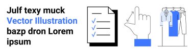 İşaretli kontrol listesi belgesi, işaret parmağı ile el gösterimi ve elbise askılığı. Görev yönetimi, üretkenlik uygulamaları, organizasyon, iş akışı, günlük görevler, planlama için ideal