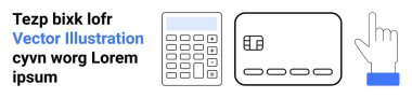 Hesap makinesi, kredi kartı ve el ikonu yukarı doğru finansal eylemleri gösteriyor. Çevrimiçi işlemler, bütçe, ödeme arayüzleri, mali yönetim, bankacılık uygulamaları, e-ticaret için ideal