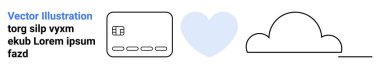 Dört ikonlu kredi kartı, mavi kalp şeklinde ve ana hatları bulutlu. Çevrimiçi ödeme, dijital işlemler, teknik yakınlık, bulut hesaplama, fintech ekommerce veri depolama için ideal. İniş sayfası