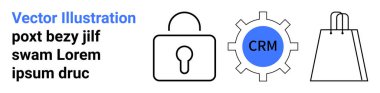 Merkezinde CRM olan vites simgesi, güvenlik kilidi, alışveriş çantası CRM sistemleri, güvenlik ve e-ticareti temsil ediyor. Dijital pazarlama, iş güvenliği, e-ticaret, bilişim hizmetleri perakende trendleri için ideal