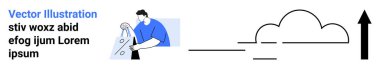 Mavi gömlekli adam bulut simgesi ve yükselen okun yanında kumaşla çalışıyor. Yenilik, teknoloji, büyüme, üretkenlik, endüstri, ilerleme, bulut hesaplama için ideal. İniş sayfası